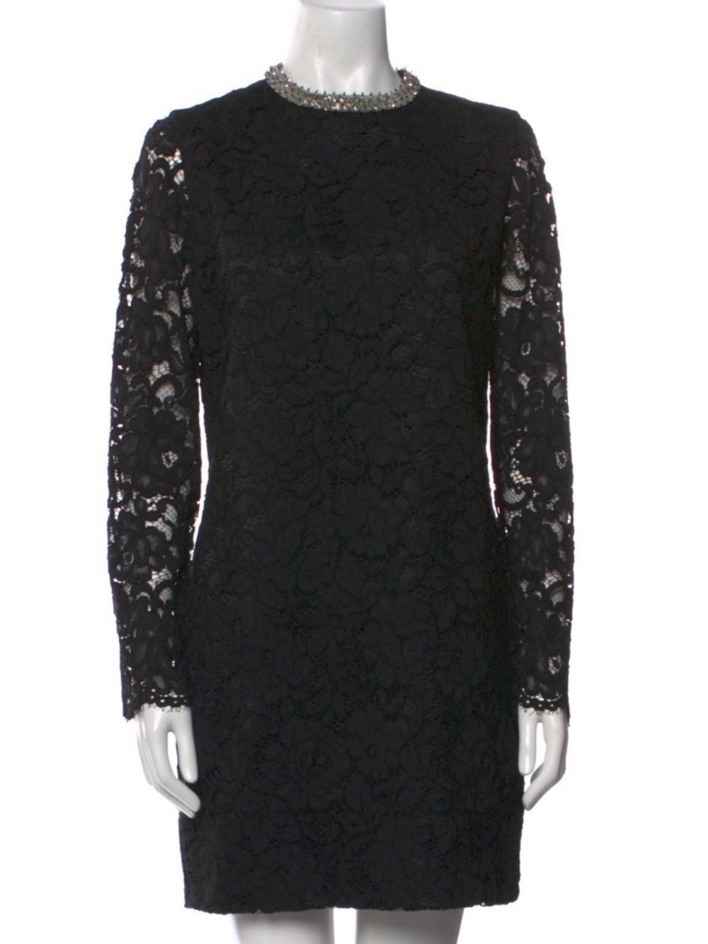 Saint Laurent Black Lace Long-Sleeve Dress with Beaded Collar, Fr40( US4)